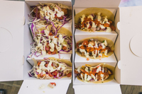 Assortment of Tacos: Spicy Chicken, Chilli Lime Prawn and Baja Fish Taco.  from Vatos Urban Tacos